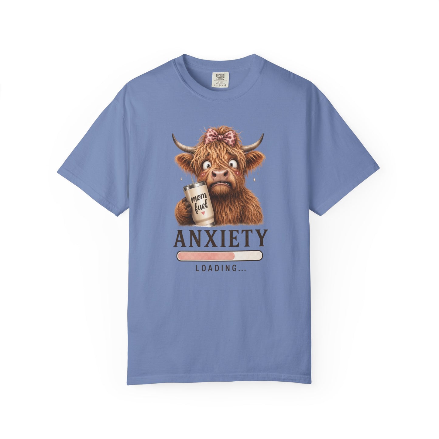 Anxiety Loading T-Shirt — Cute Highland Cow with 'Mom Fuel' Mug