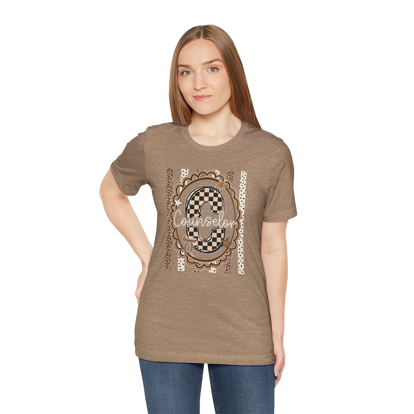 Counselor Tee — Retro Checkerboard & Leopard Print Graphic T-Shirt