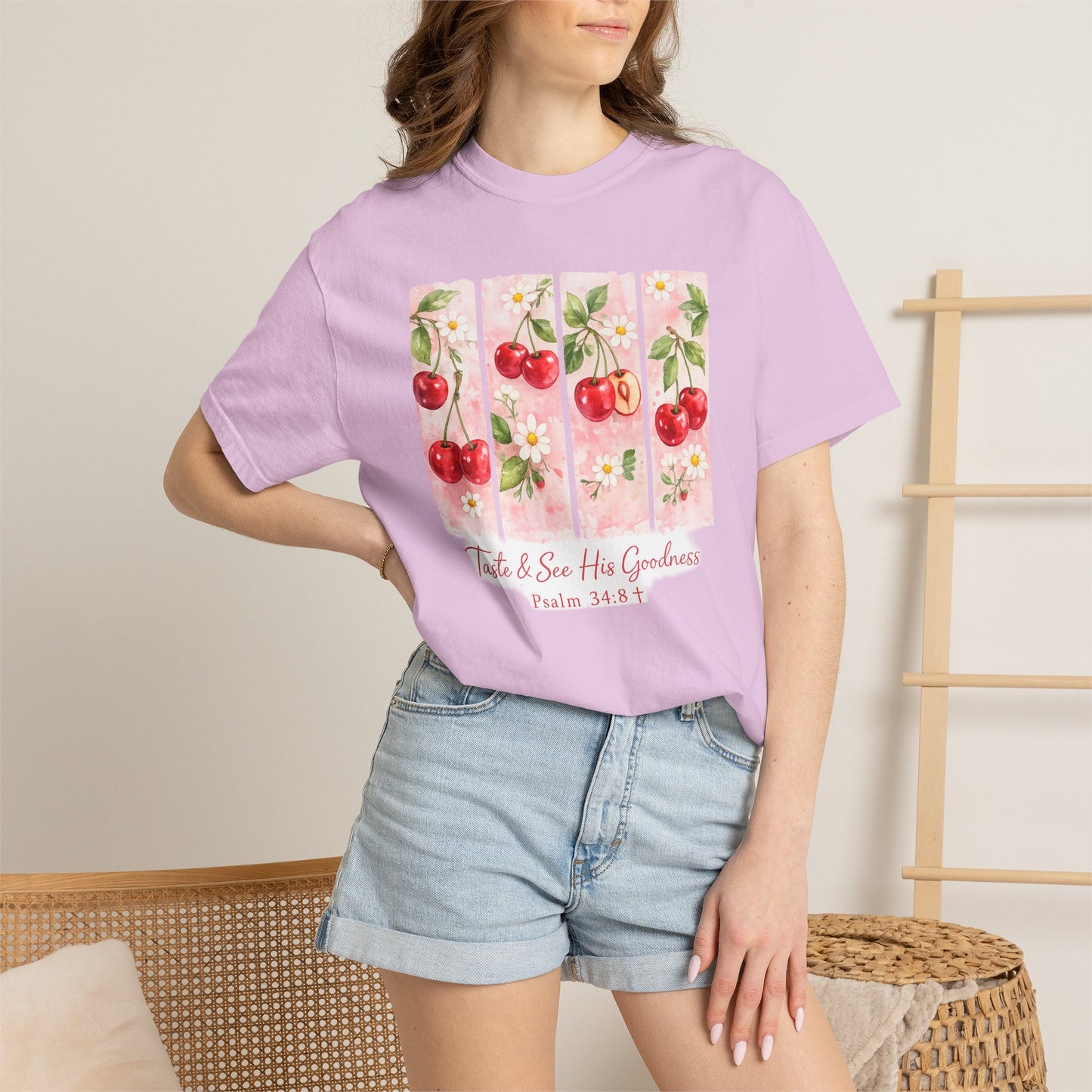 T-Shirt — "Taste & See His Goodness" Cherry Scripture Tee (Psalm 34:8)
