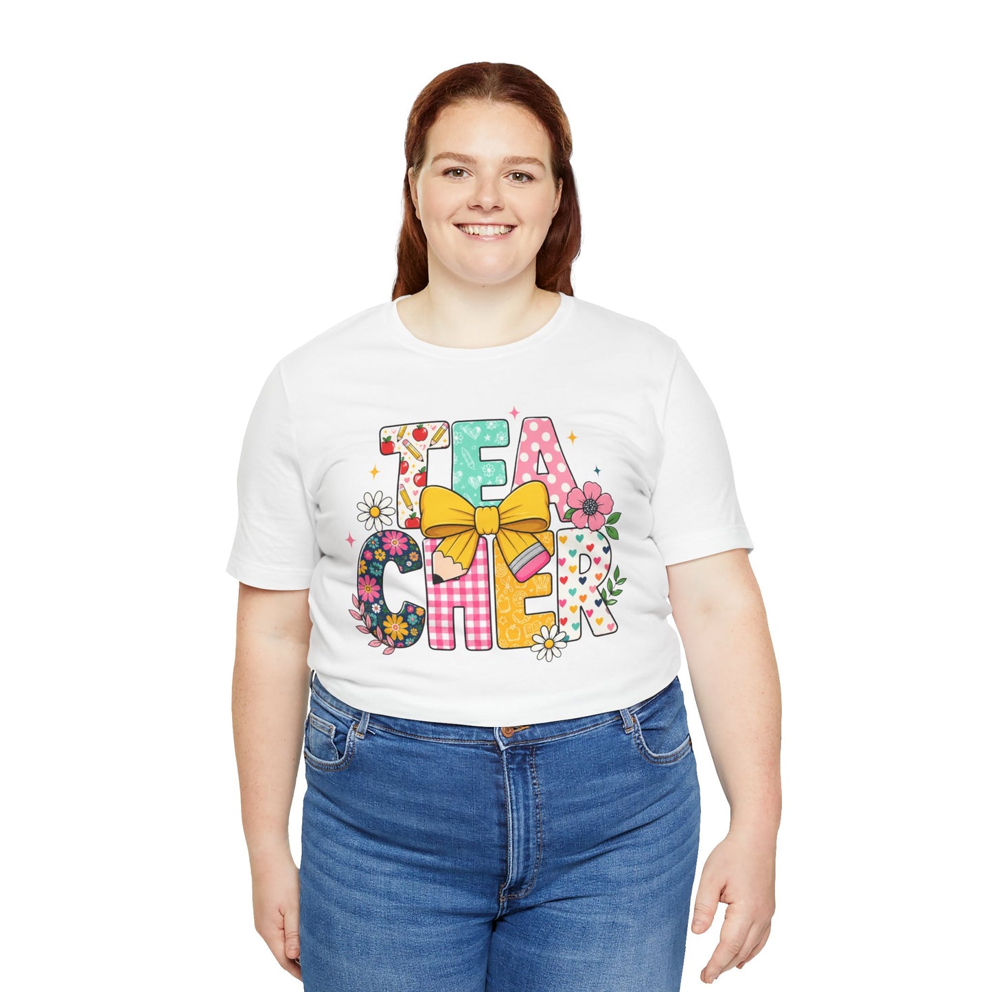 Teacher Floral Bow T-Shirt — Cute 'Teach er' Colorful School Shirt for Teachers