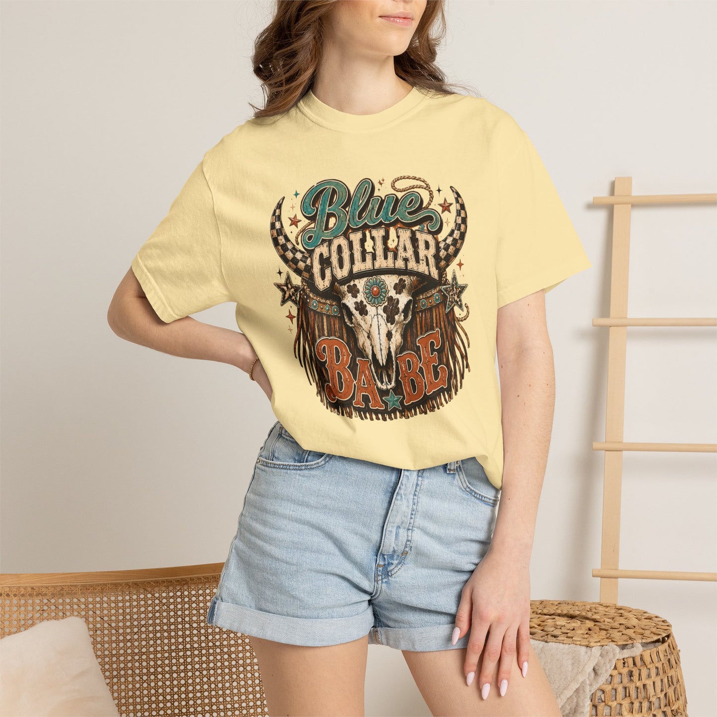 Blue Collar Babe Graphic T-Shirt — Western Skull Cowgirl Tee