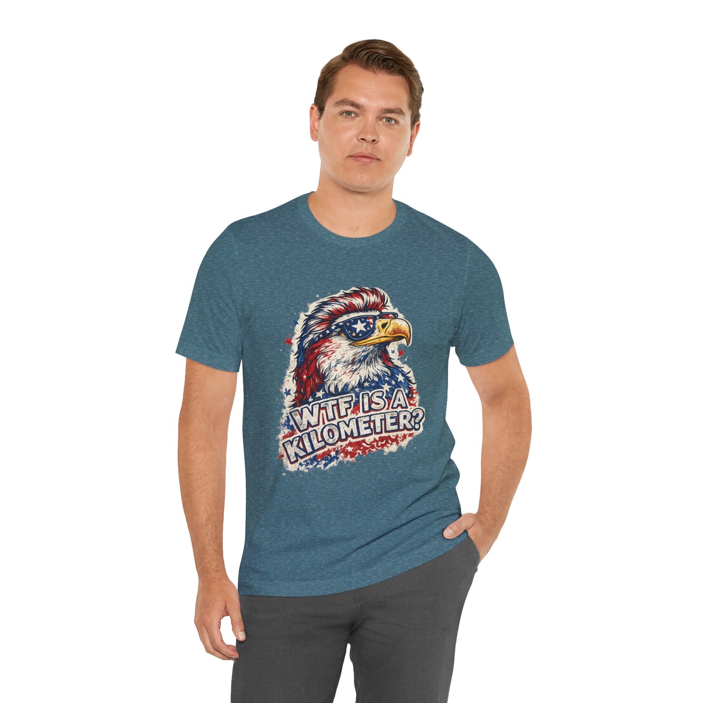 Patriotic Eagle Tee — "WTF Is A Kilometer?" Funny 4th of July Shirt