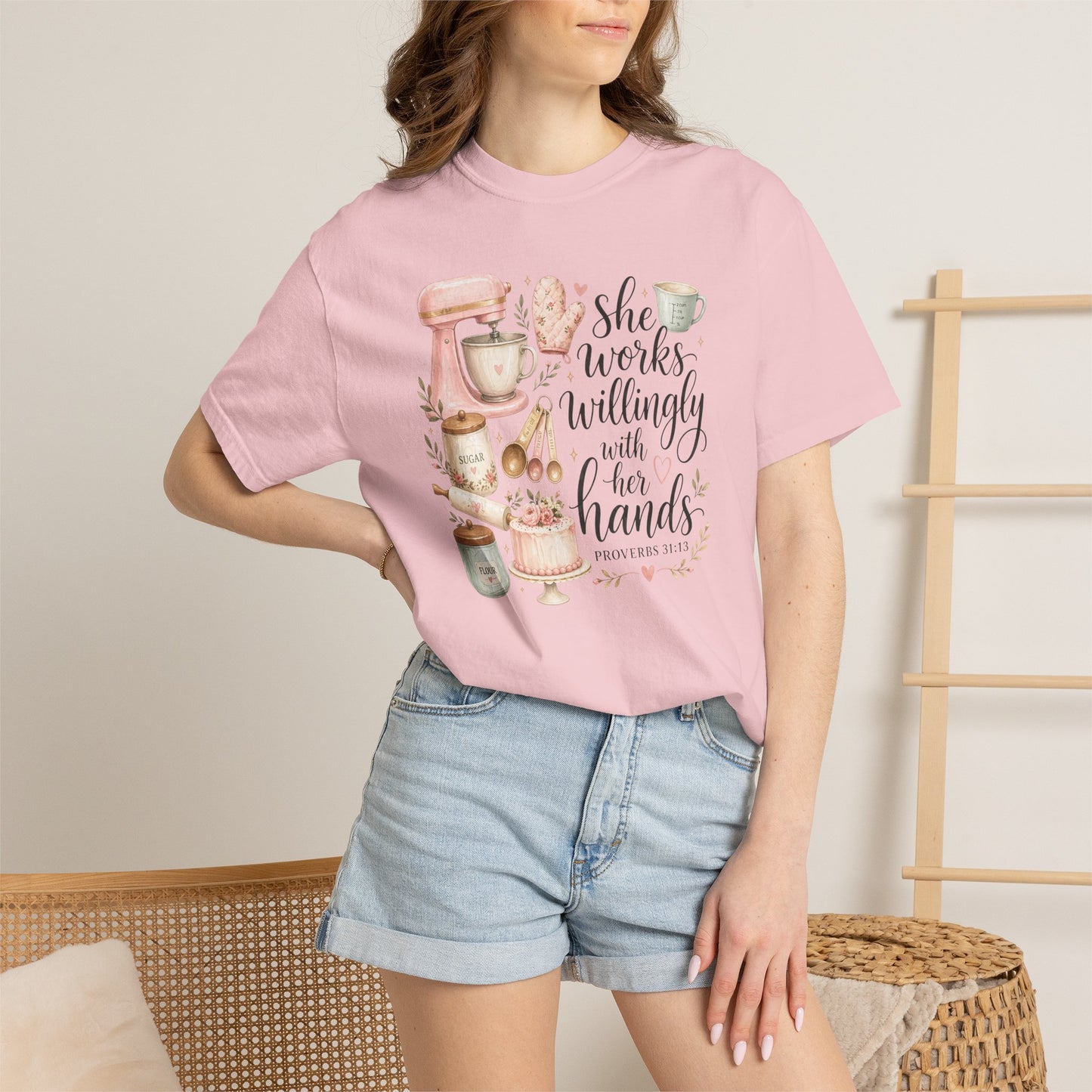 Baker’s Kitchen T-Shirt — “She Works Willingly With Her Hands” Floral Baking Design