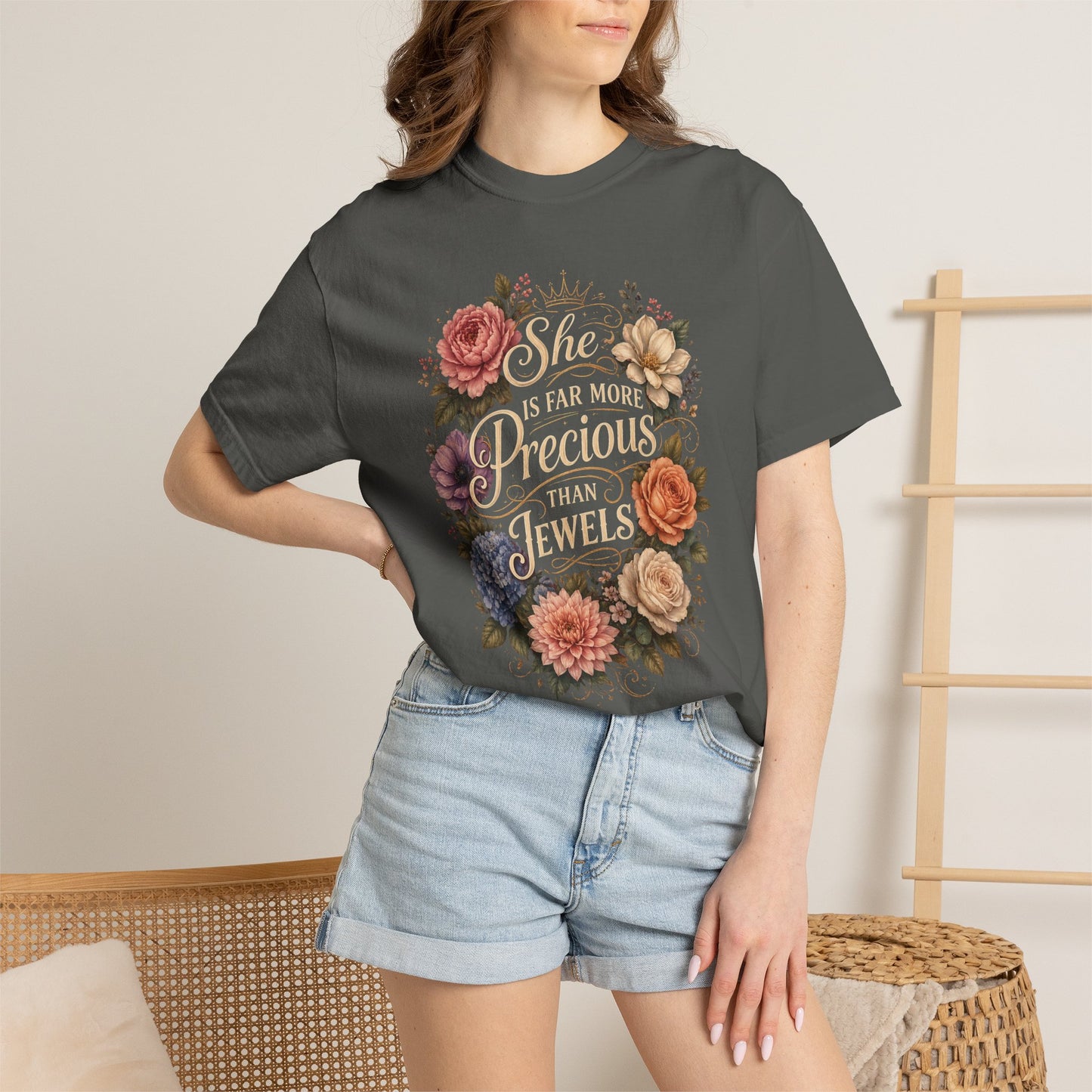 T-Shirt — “She Is Far More Precious Than Jewels” Floral Inspirational Tee