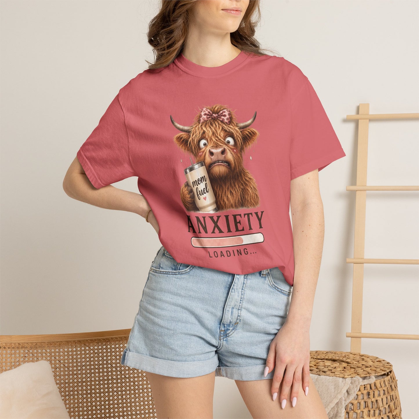 Anxiety Loading T-Shirt — Cute Highland Cow with 'Mom Fuel' Mug