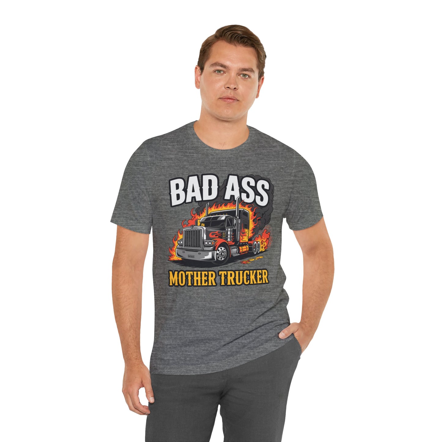 Bad Ass Mother Trucker Tee — Graphic Semi Truck Flames Shirt