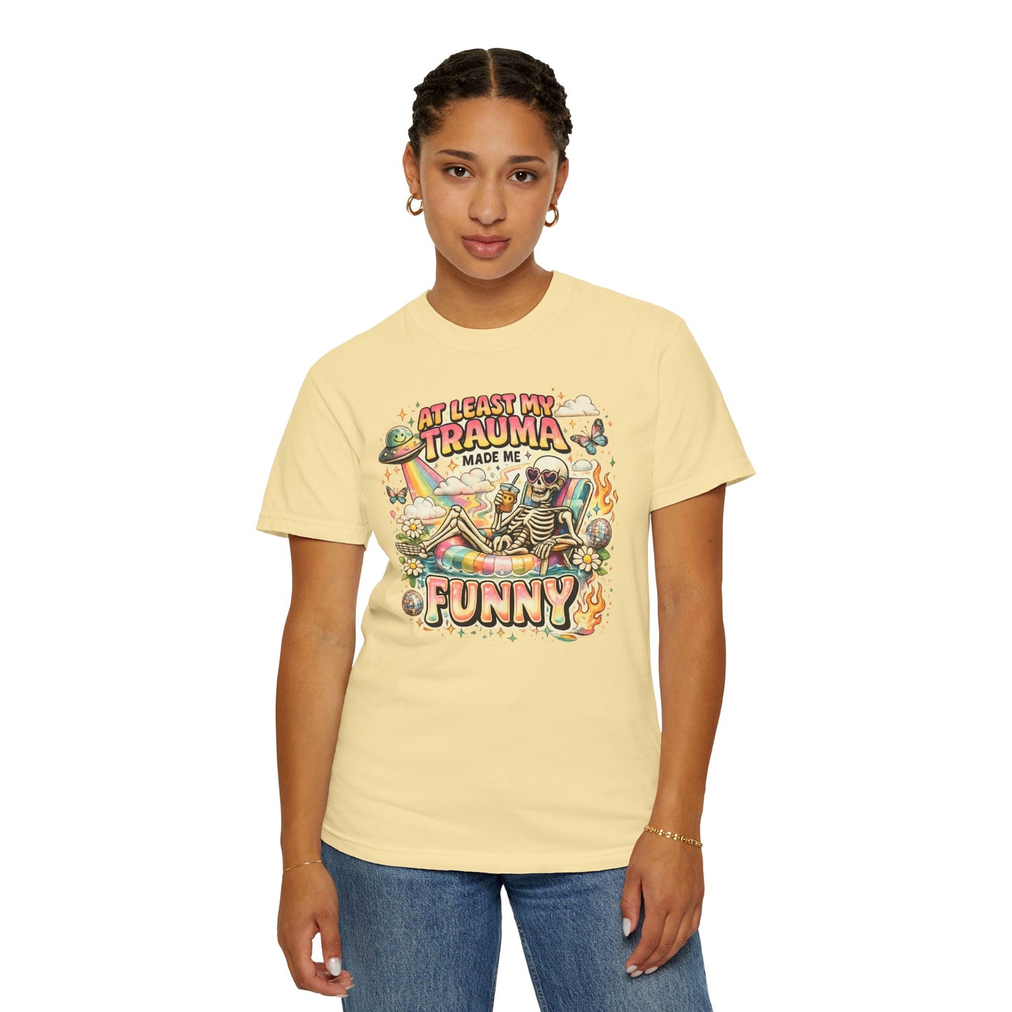 Funny Skeleton Graphic T-Shirt — "At Least My Trauma Made Me Funny"