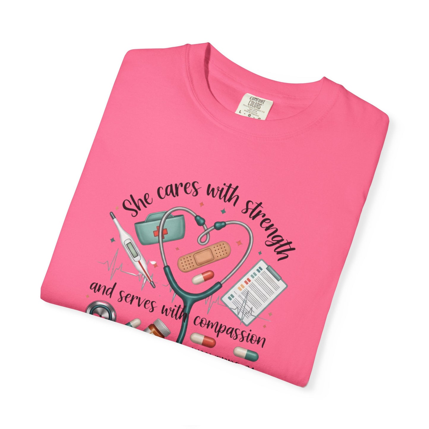 Nurse Heartbeat Graphic T-Shirt — "She Cares with Strength" Psalm 31 Christian Tee