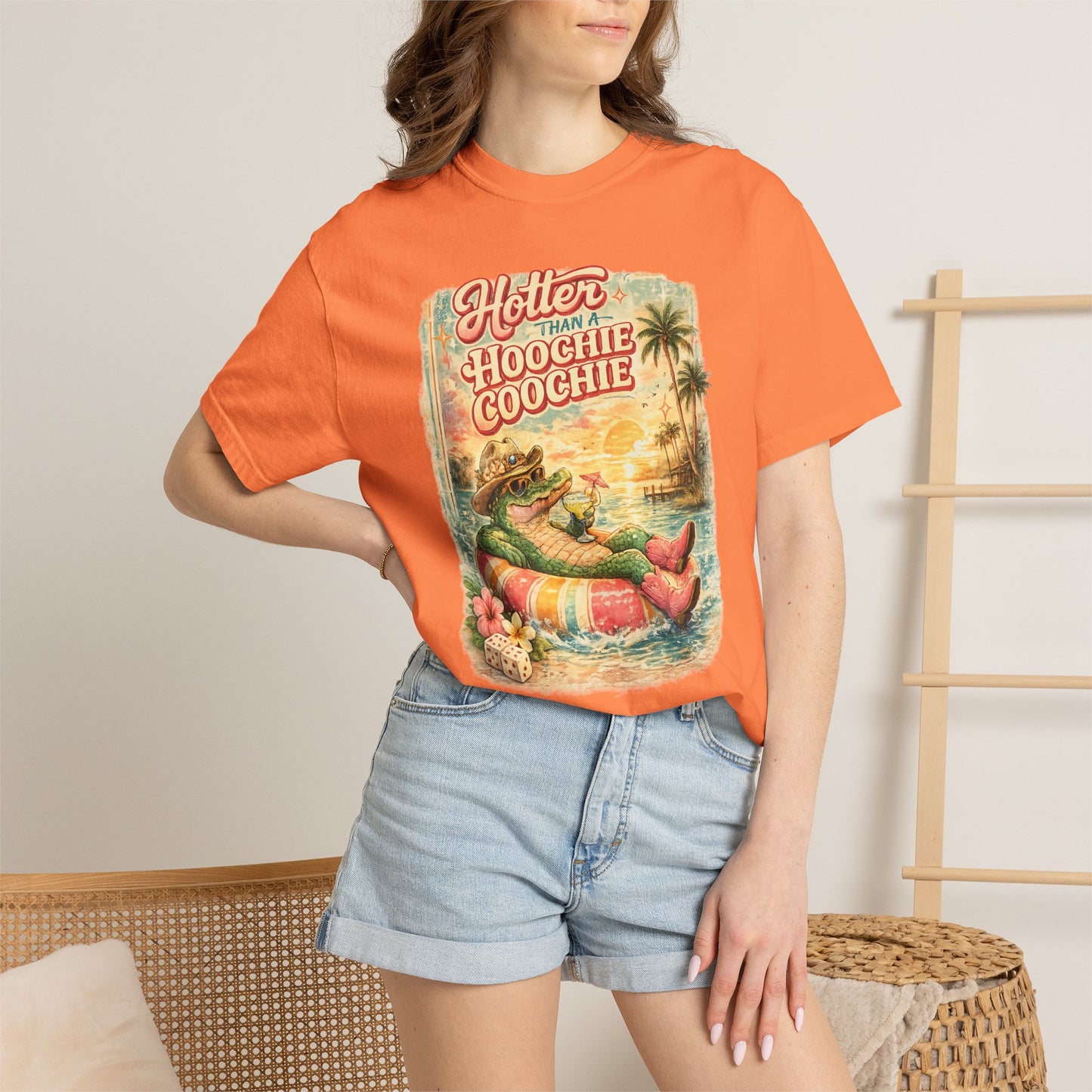 "Hotter Than a Hoochie Coochie" Retro Alligator Beach Graphic