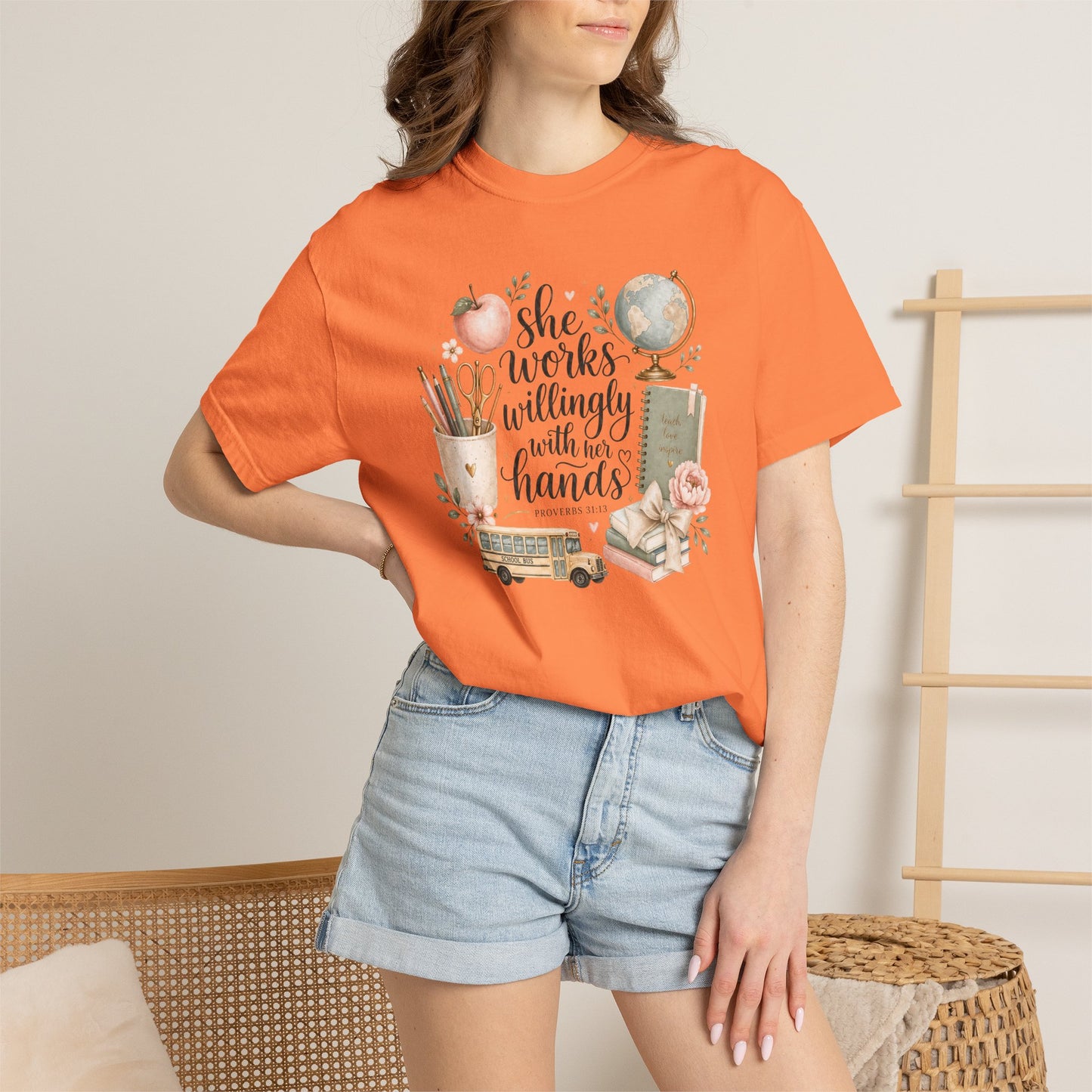 Teacher T-Shirt — "She Works Willingly With Her Hands" Cozy Classroom Gift