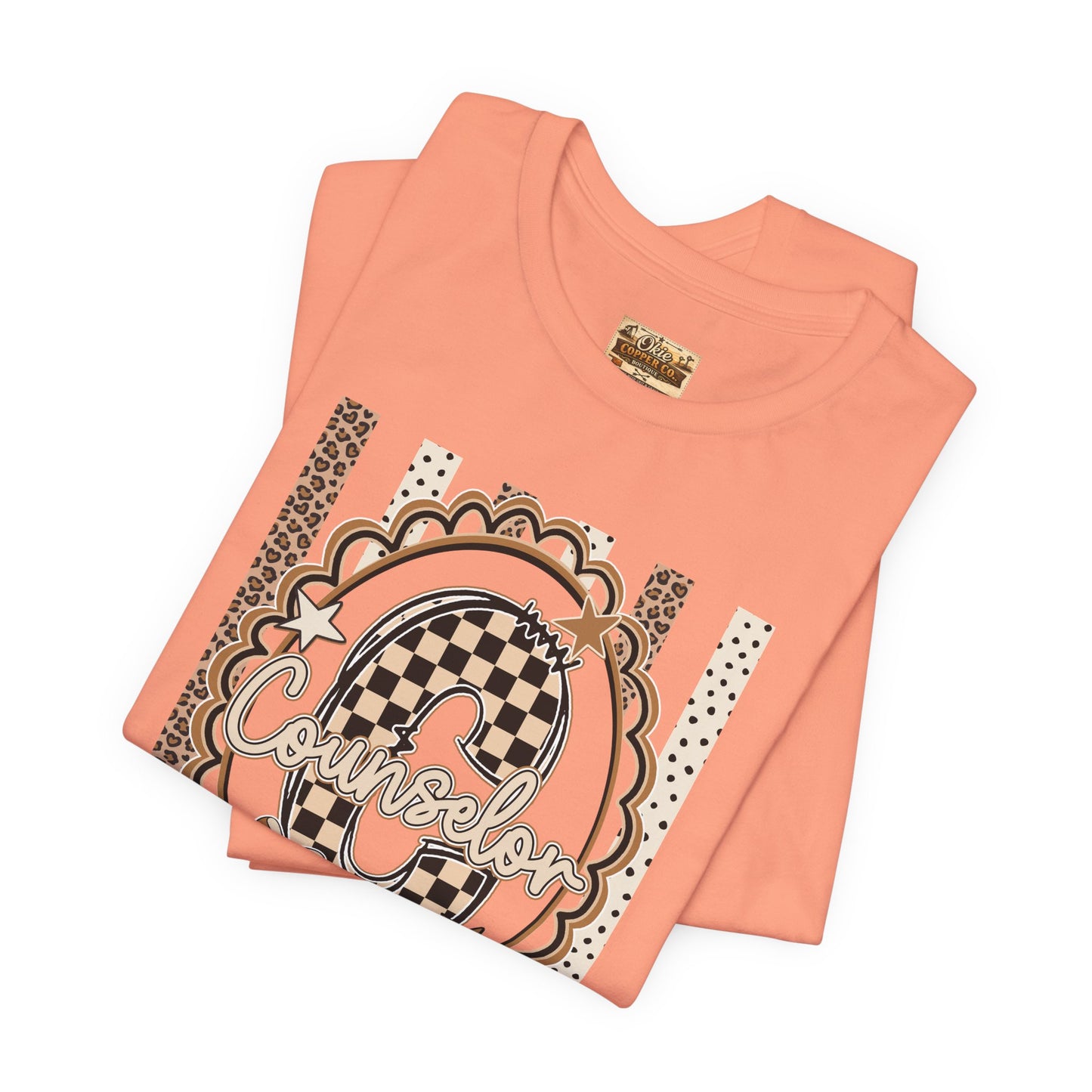 Counselor Tee — Retro Checkerboard & Leopard Print Graphic T-Shirt