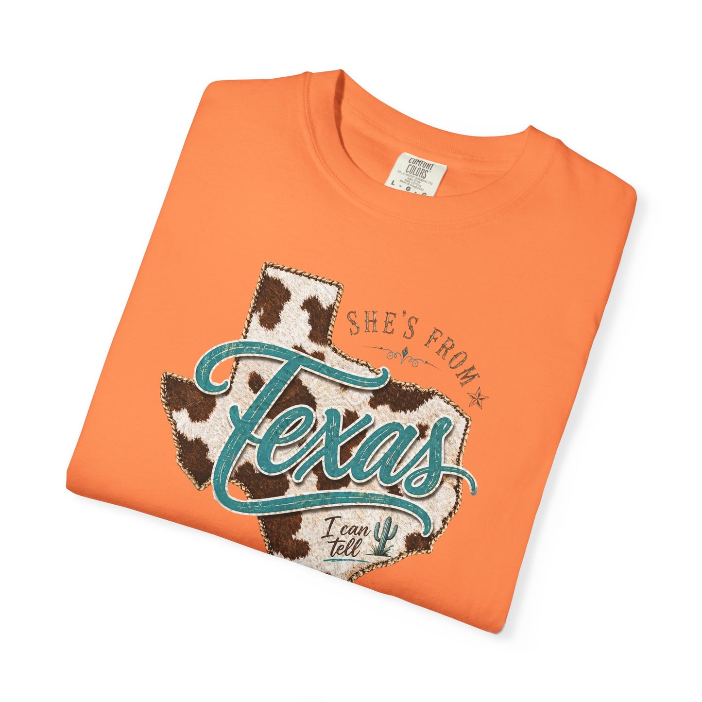 Texas Cowhide Graphic T-Shirt — "She's From Texas" Retro Western Tee