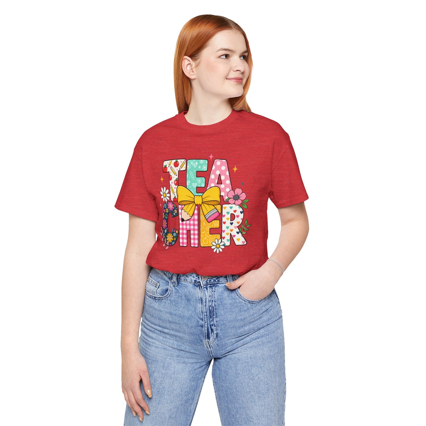 Teacher Floral Bow T-Shirt — Cute 'Teach er' Colorful School Shirt for Teachers