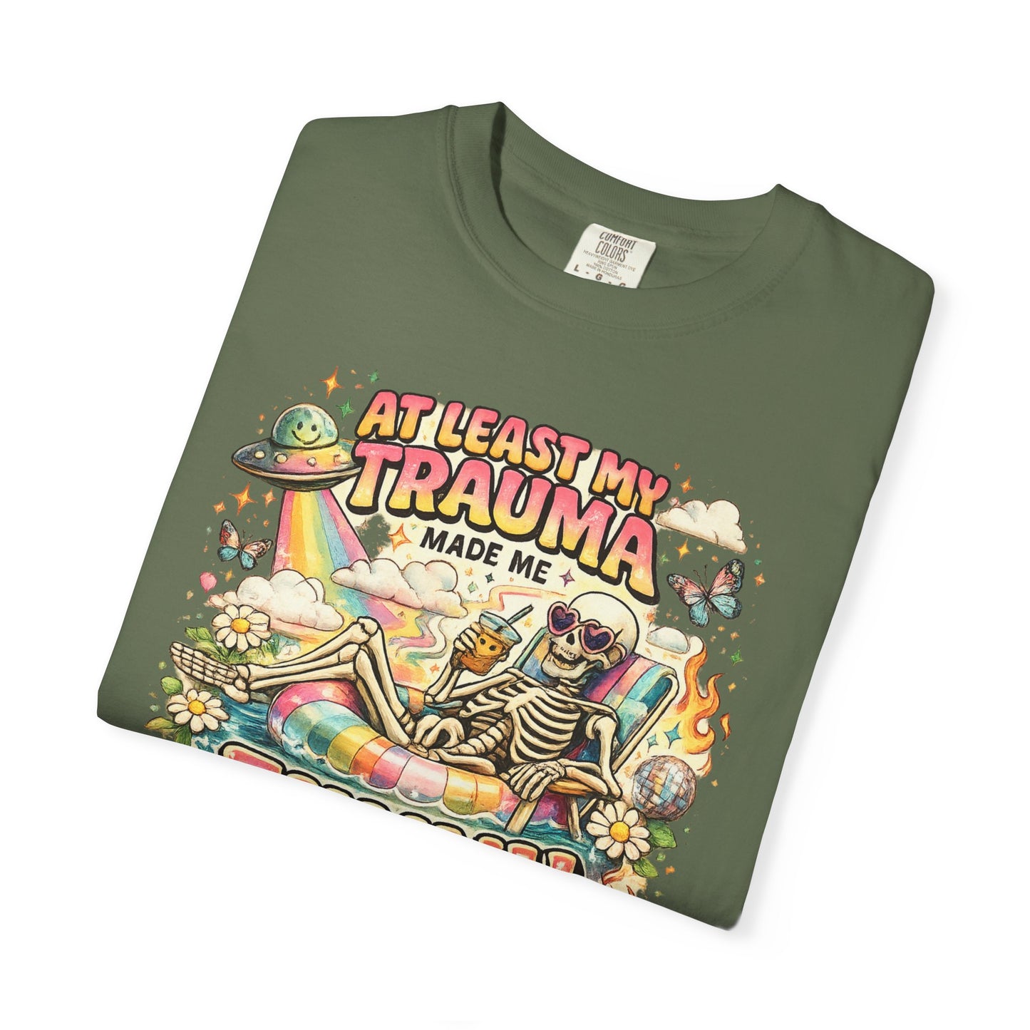 Funny Skeleton Graphic T-Shirt — "At Least My Trauma Made Me Funny"
