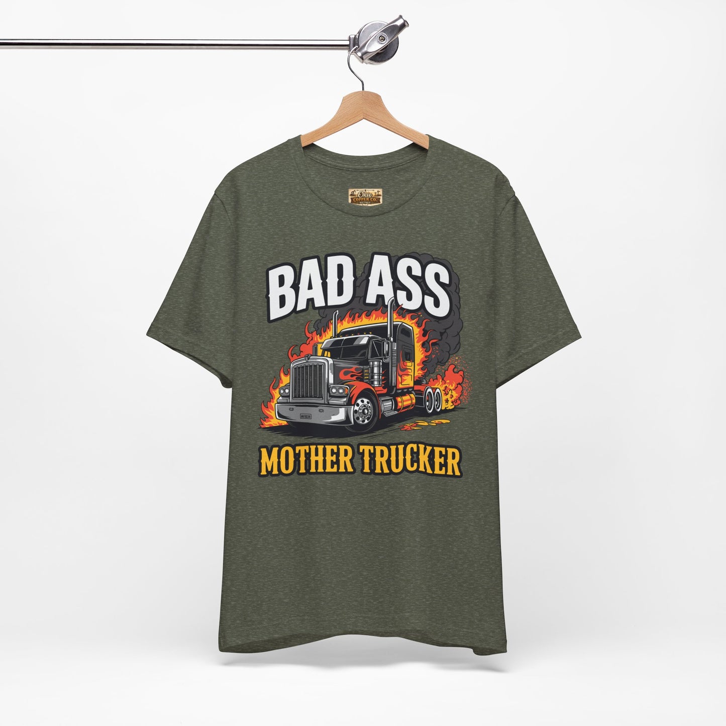 Bad Ass Mother Trucker Tee — Graphic Semi Truck Flames Shirt