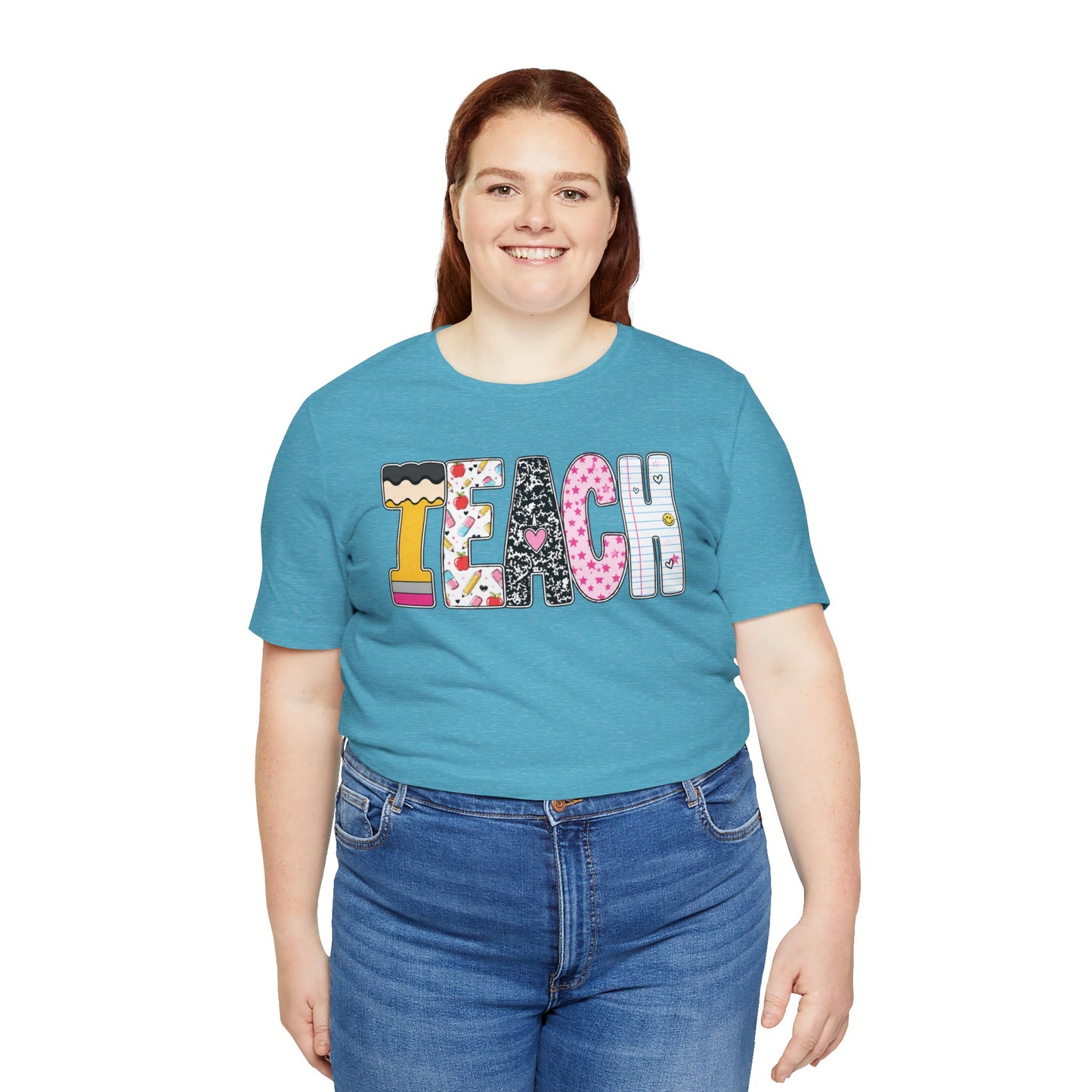 Teach Colorblock Graphic Tee – Cute Patterned Teacher T-Shirt