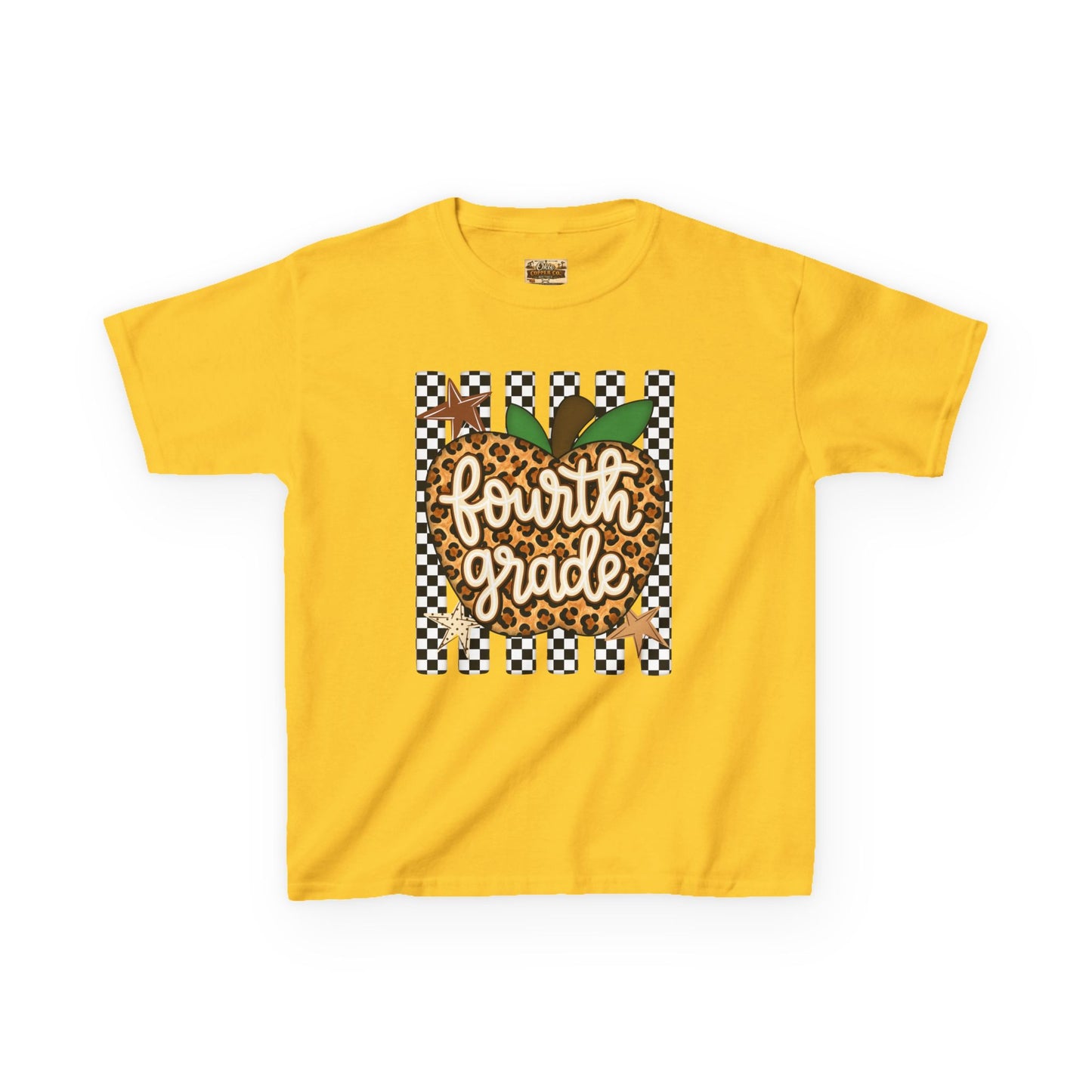 Fourth Grade Apple Kids T‑Shirt — Leopard & Checkerboard Back-to-School Tee