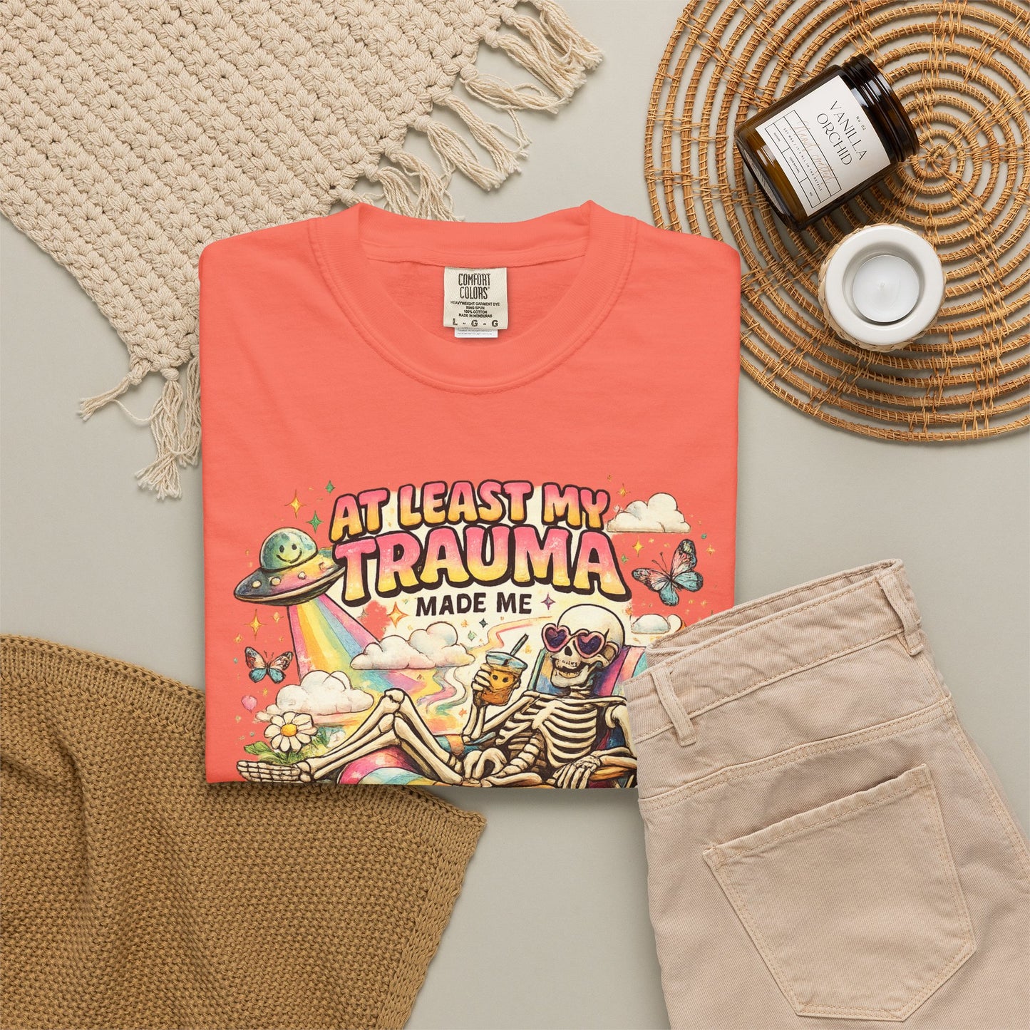 Funny Skeleton Graphic T-Shirt — "At Least My Trauma Made Me Funny"