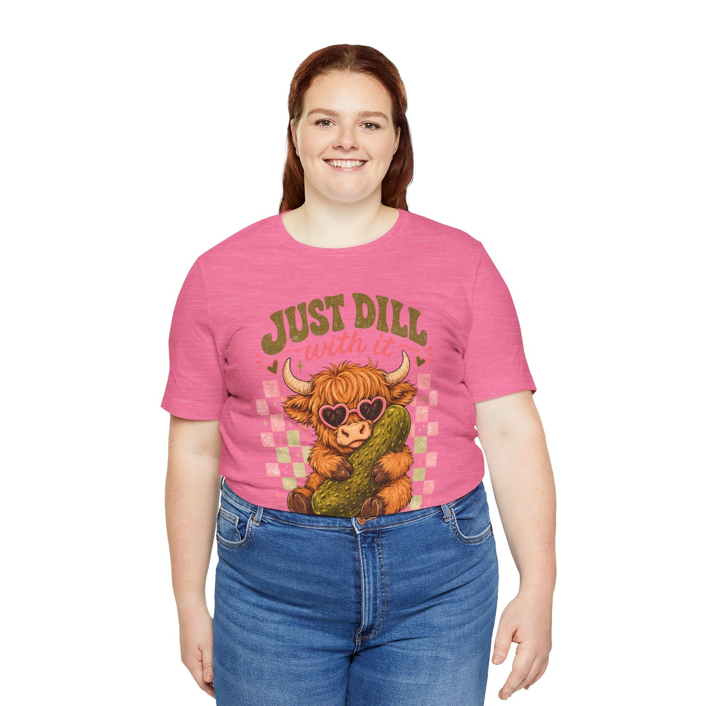 Just Dill With It Tee — Cute Highland Cow Hugging Pickle Graphic T‑Shirt