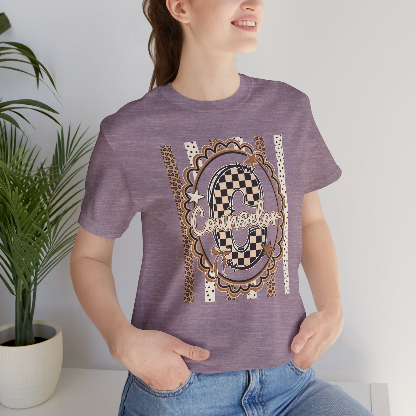 Counselor Tee — Retro Checkerboard & Leopard Print Graphic T-Shirt