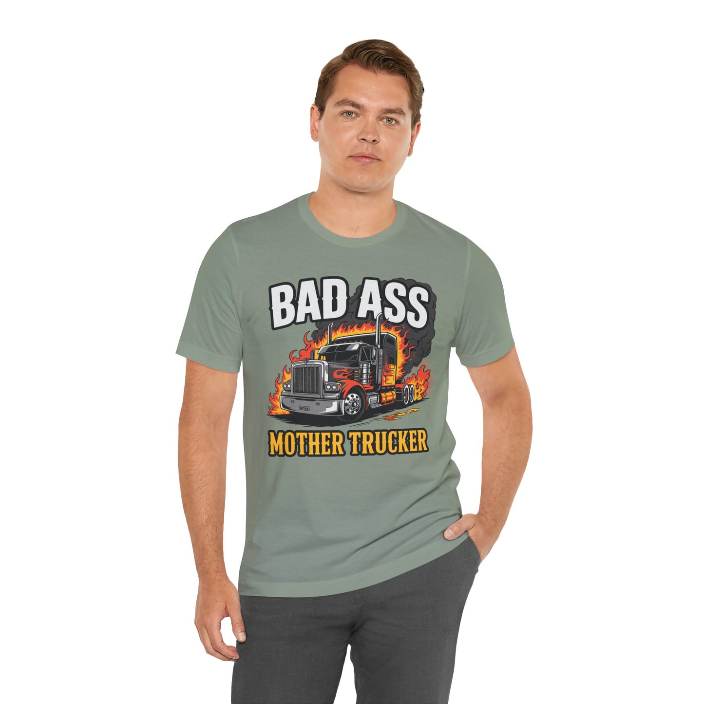 Bad Ass Mother Trucker Tee — Graphic Semi Truck Flames Shirt