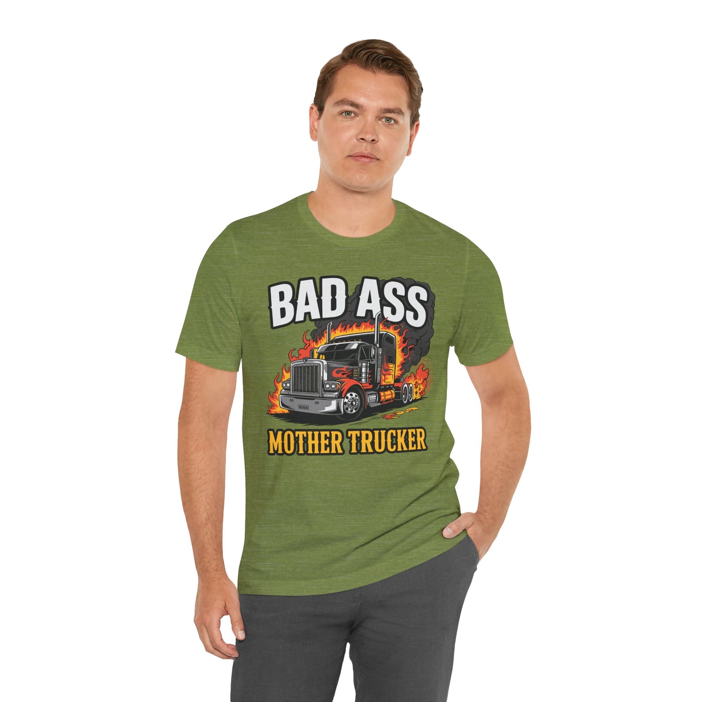Bad Ass Mother Trucker Tee — Graphic Semi Truck Flames Shirt