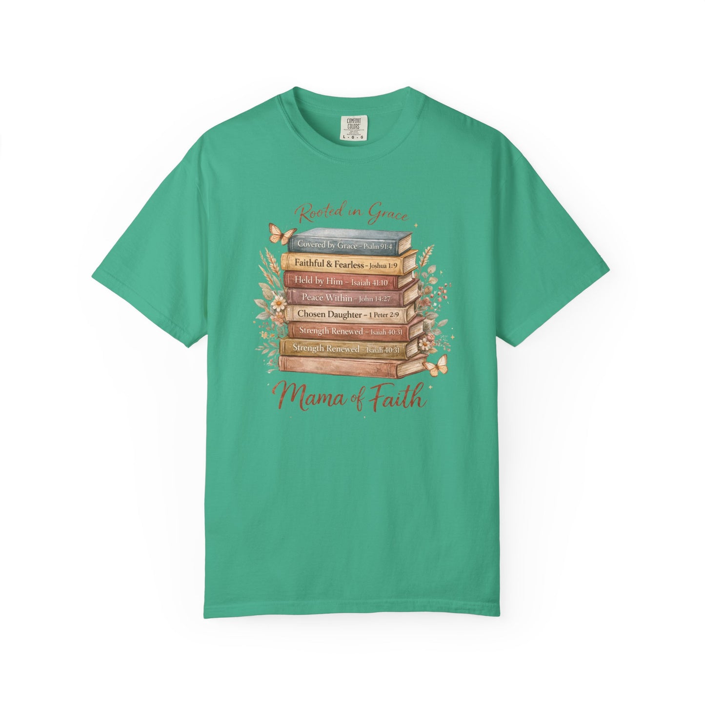 Mama of Faith Book Stack T‑Shirt — Rooted in Grace Christian Mother's Tee