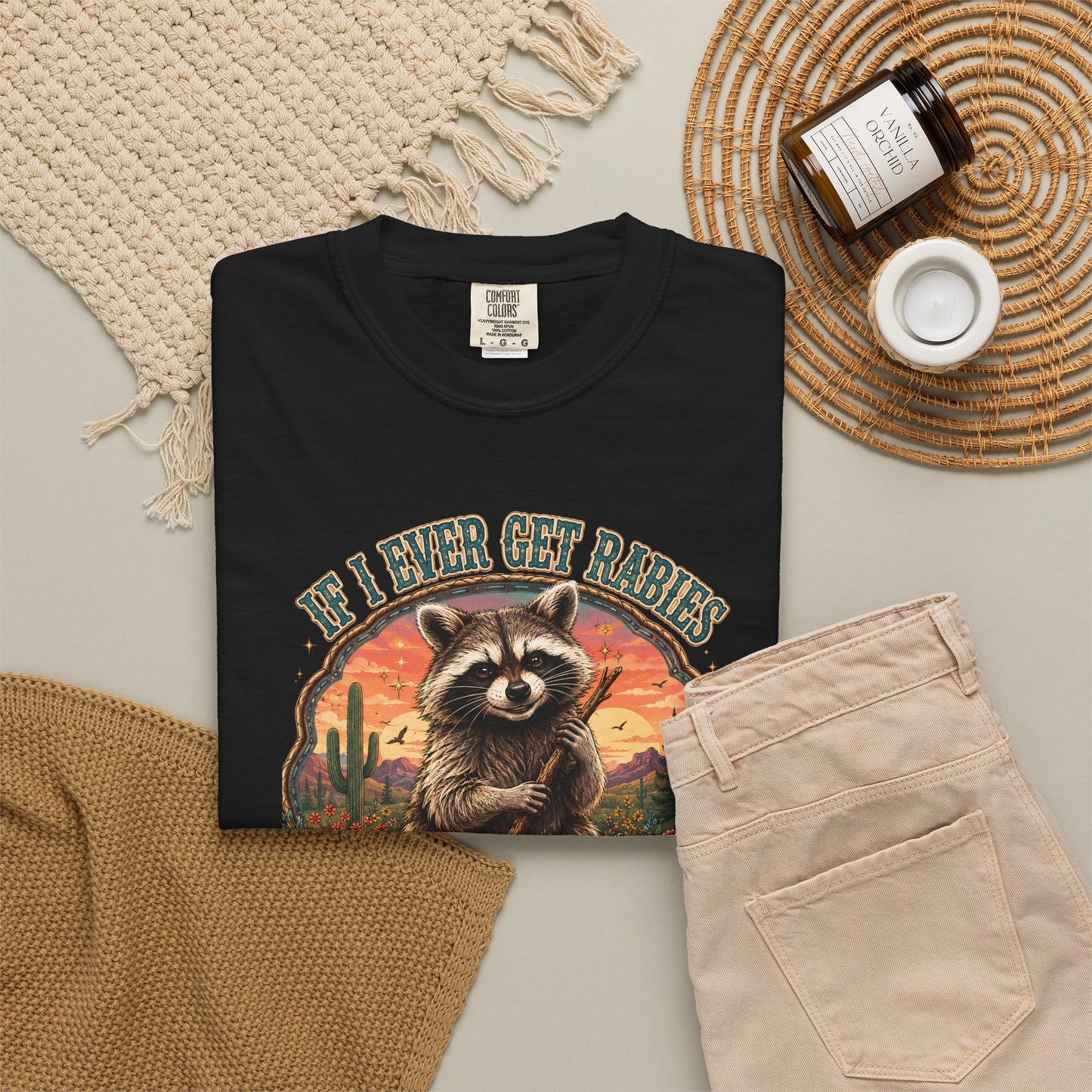 Raccoon Sunset T‑Shirt — “If I Ever Get Riches You’re High On My Bitin’ List” Funny Retro Graphic Tee