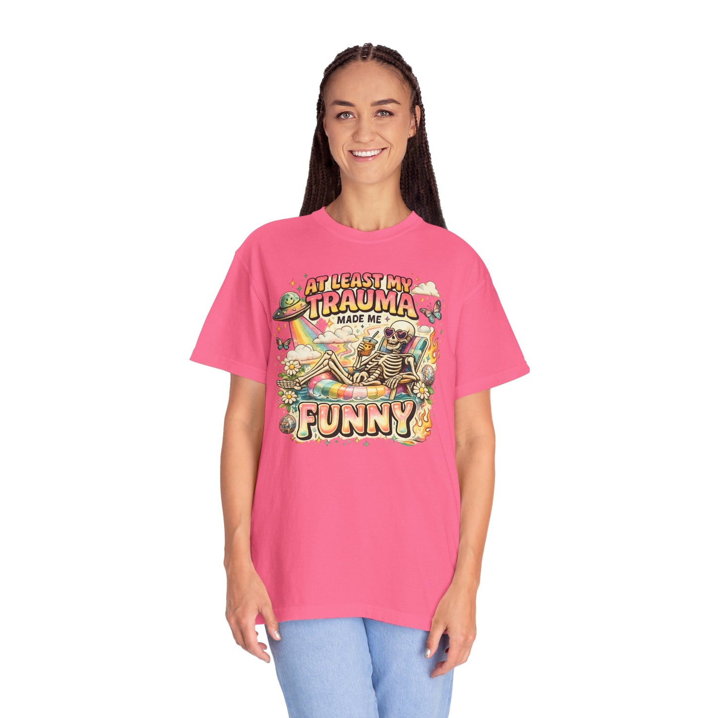Funny Skeleton Graphic T-Shirt — "At Least My Trauma Made Me Funny"