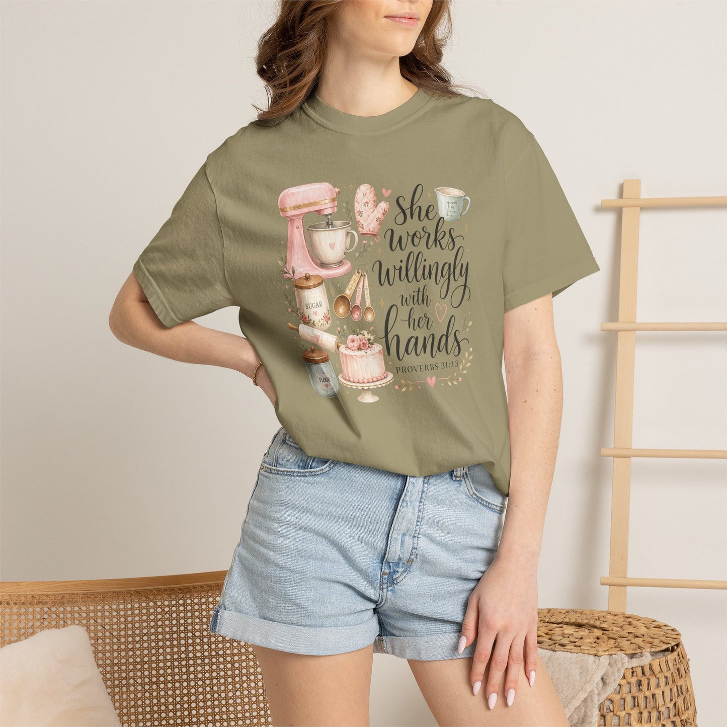 Baker’s Kitchen T-Shirt — “She Works Willingly With Her Hands” Floral Baking Design