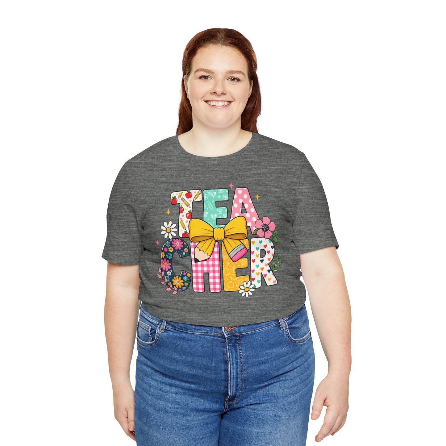 Teacher Floral Bow T-Shirt — Cute 'Teach er' Colorful School Shirt for Teachers