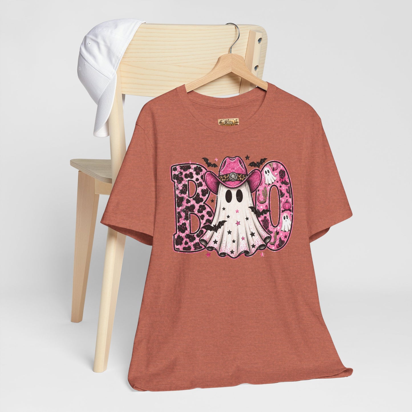 Boo Pink Leopard Ghost Tee — Cute Cowgirl Halloween T-Shirt