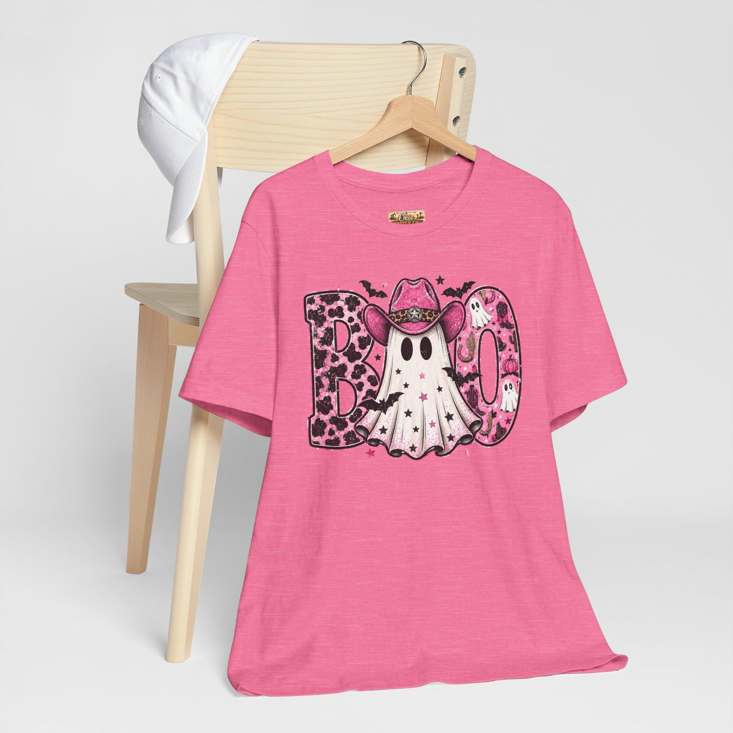 Boo Pink Leopard Ghost Tee — Cute Cowgirl Halloween T-Shirt