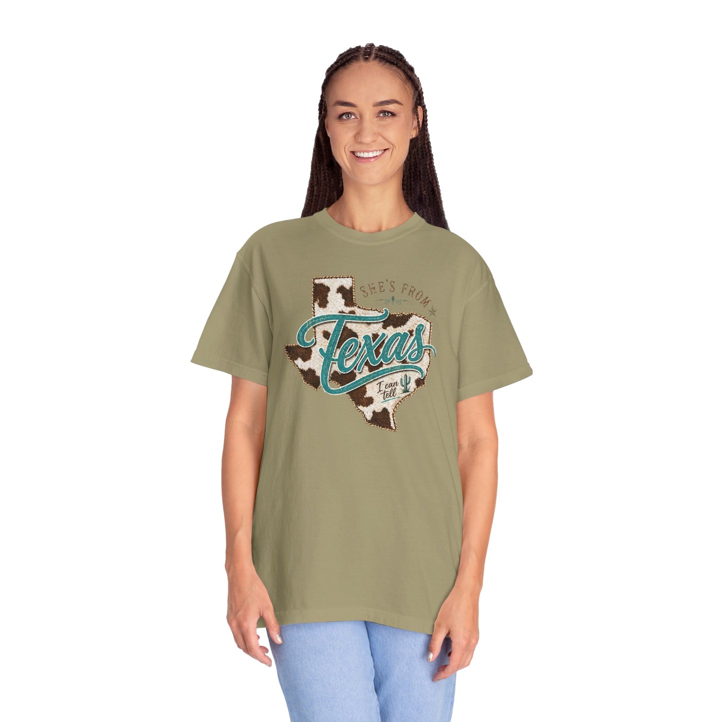 Texas Cowhide Graphic T-Shirt — "She's From Texas" Retro Western Tee