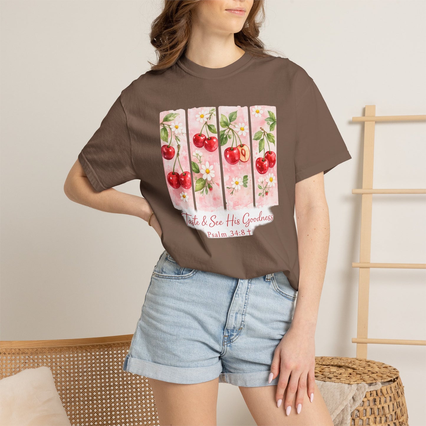 T-Shirt — "Taste & See His Goodness" Cherry Scripture Tee (Psalm 34:8)