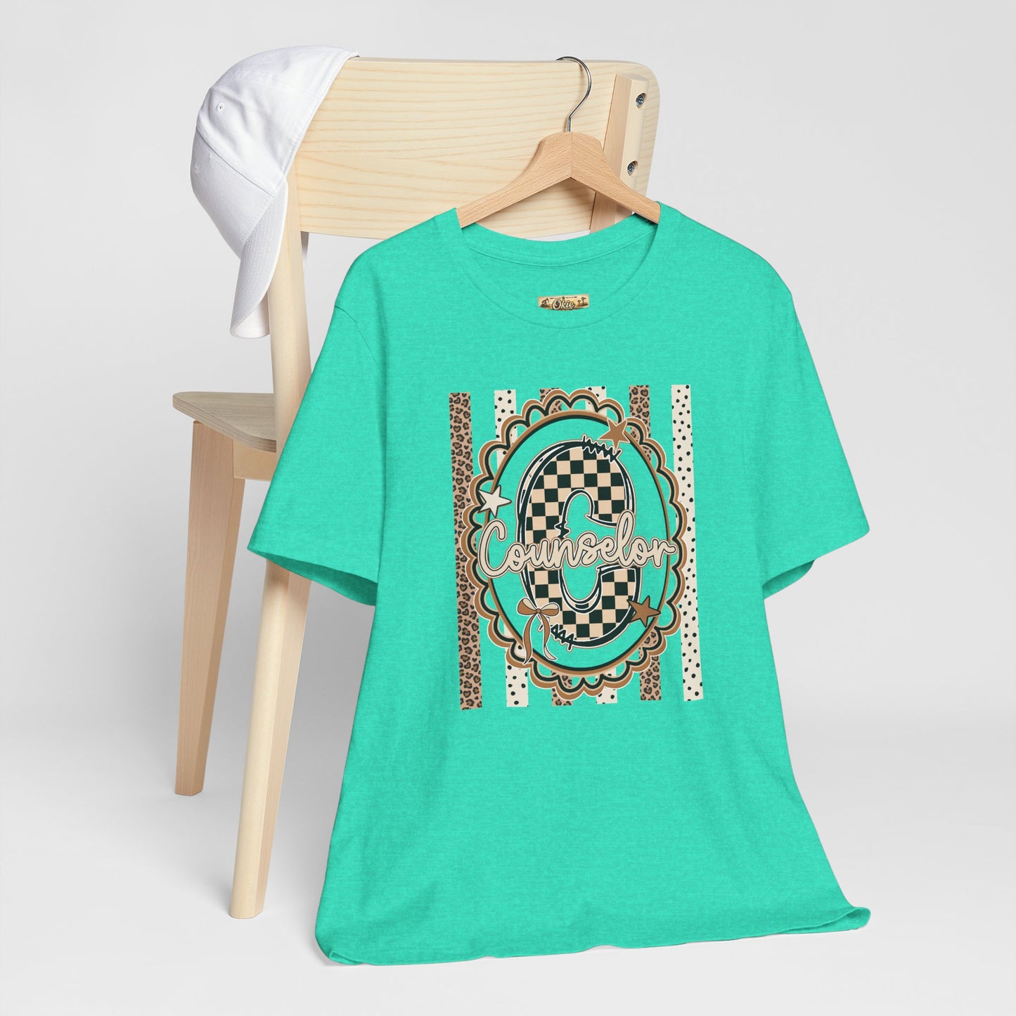Counselor Tee — Retro Checkerboard & Leopard Print Graphic T-Shirt