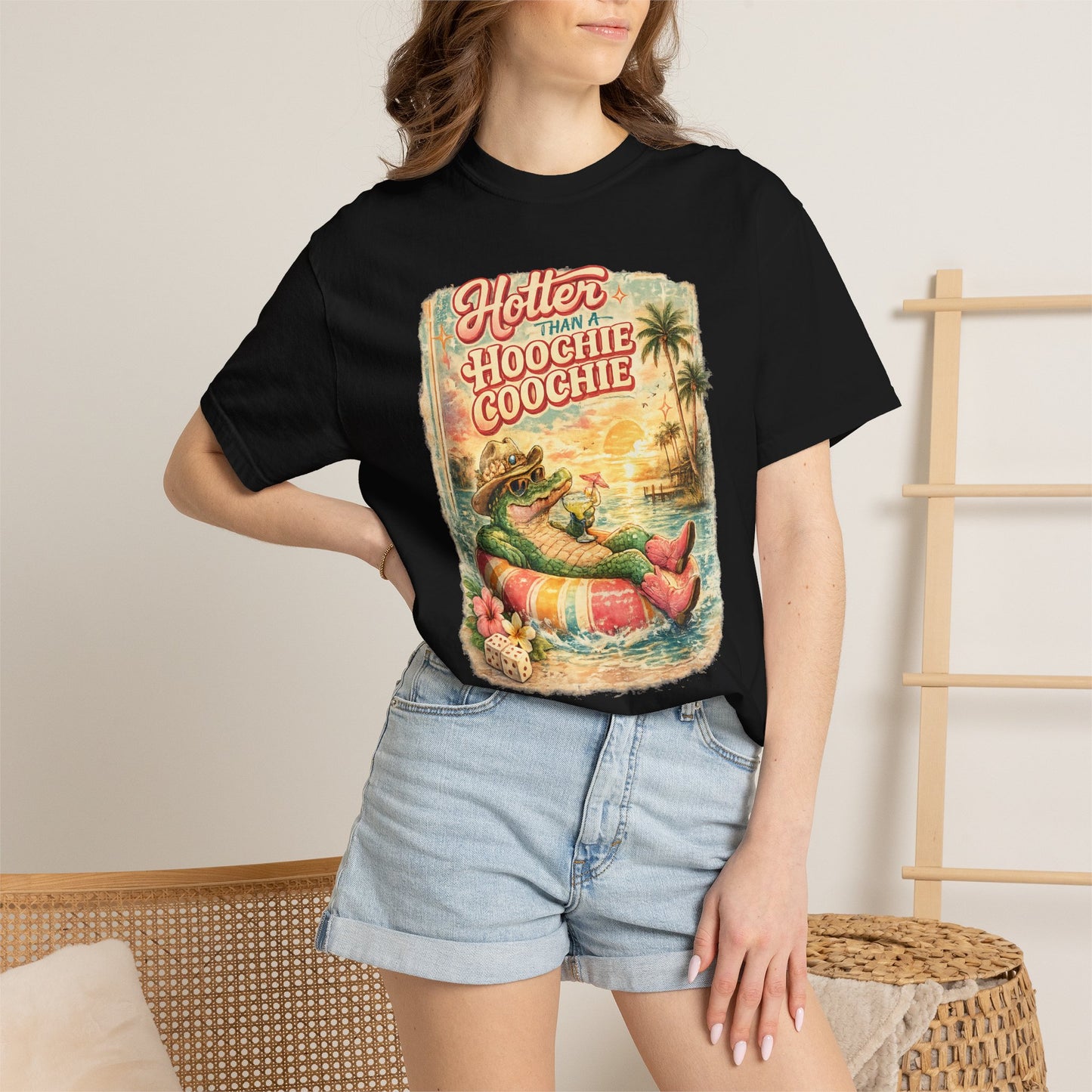 "Hotter Than a Hoochie Coochie" Retro Alligator Beach Graphic