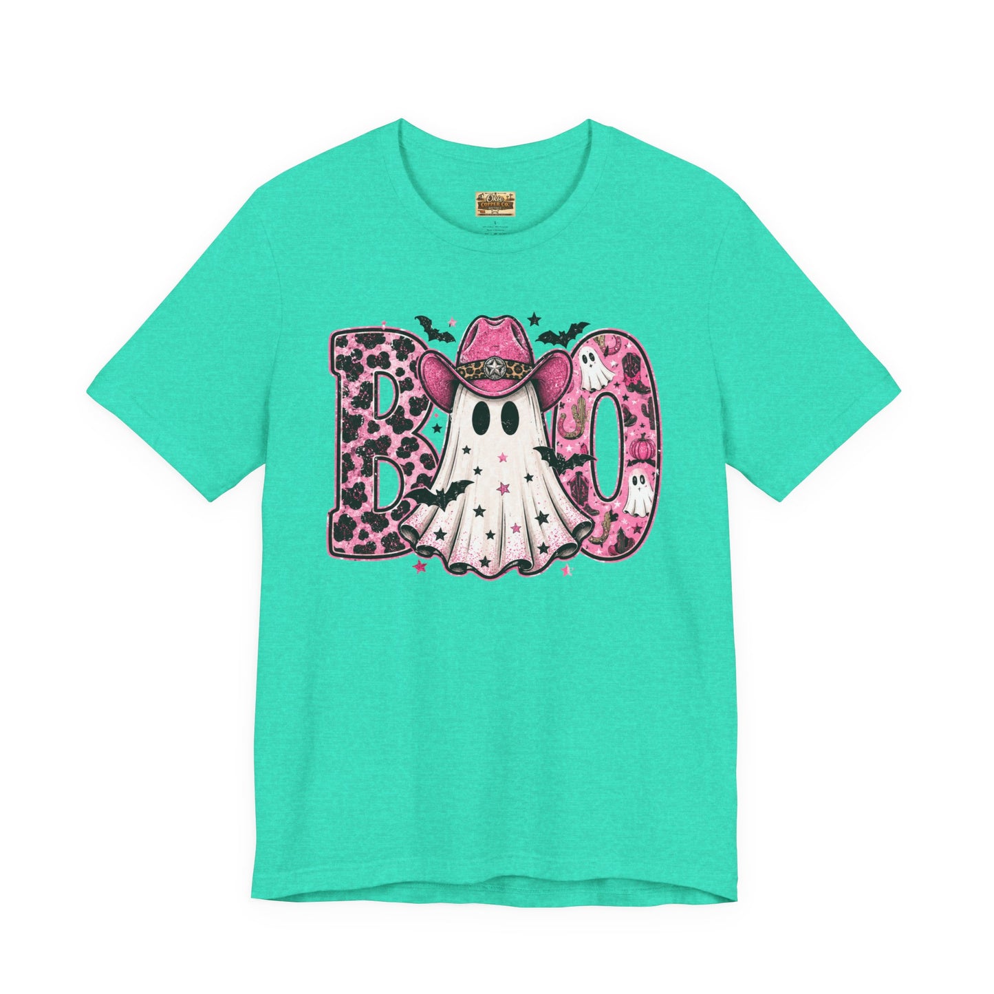 Boo Pink Leopard Ghost Tee — Cute Cowgirl Halloween T-Shirt