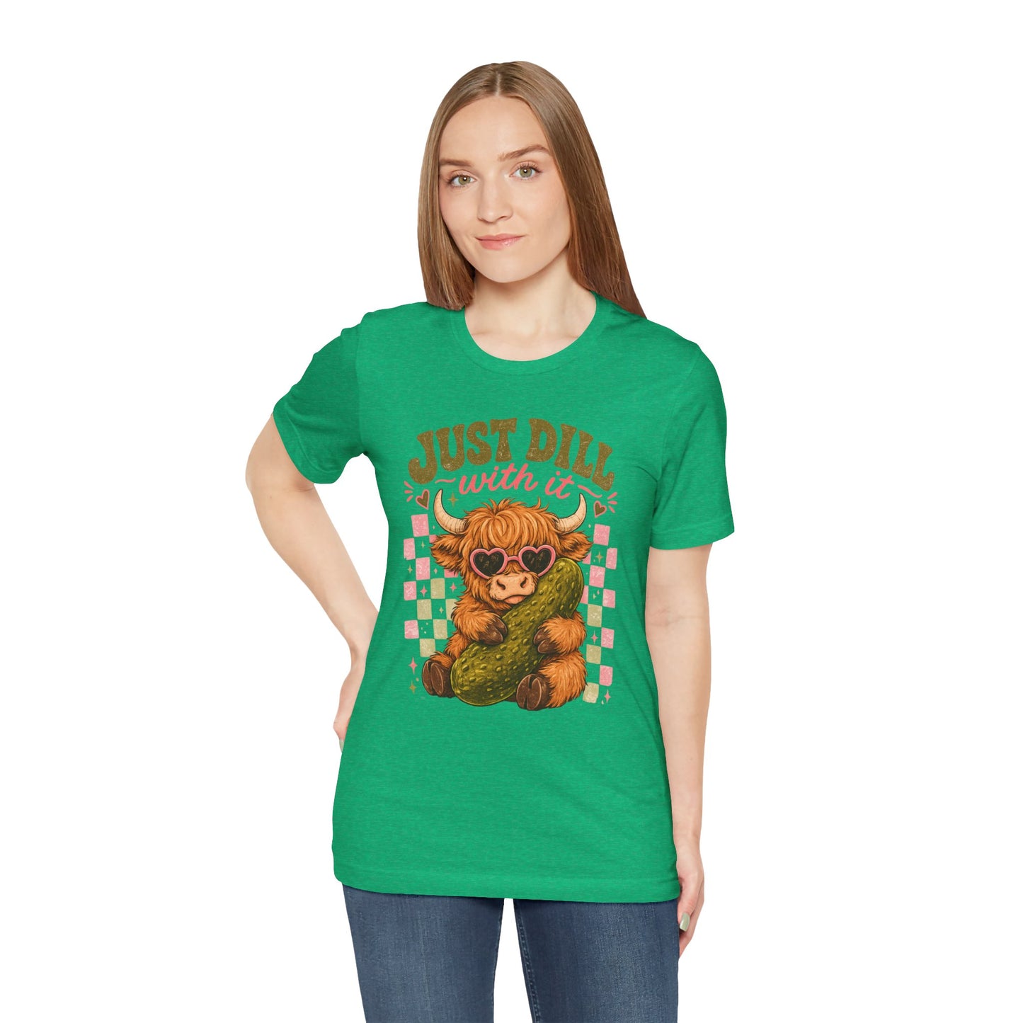 Just Dill With It Tee — Cute Highland Cow Hugging Pickle Graphic T‑Shirt