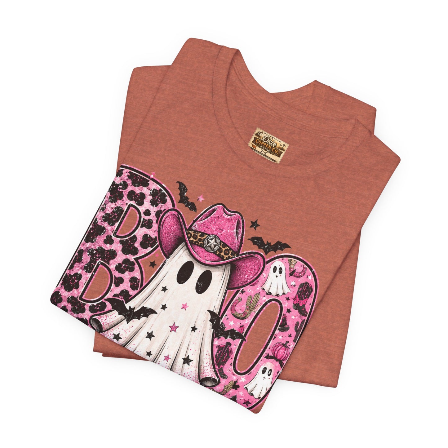 Boo Pink Leopard Ghost Tee — Cute Cowgirl Halloween T-Shirt