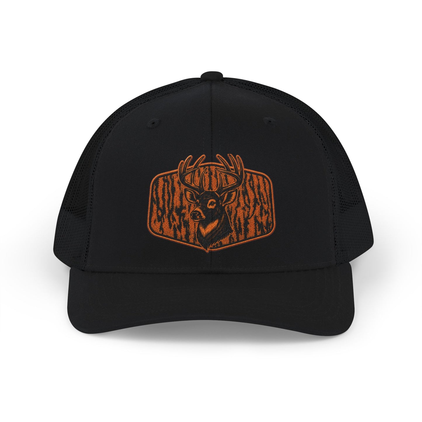 Deer Patch Snapback Trucker Cap — Rustic Woodgrain Buck Emblem