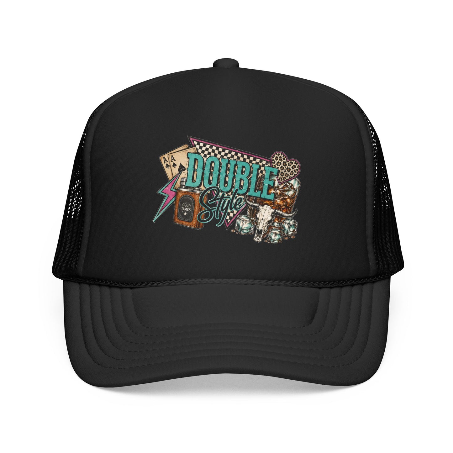 Double Shot Retro Foam Trucker Hat — Vintage Neon Coffee & Camera Patch
