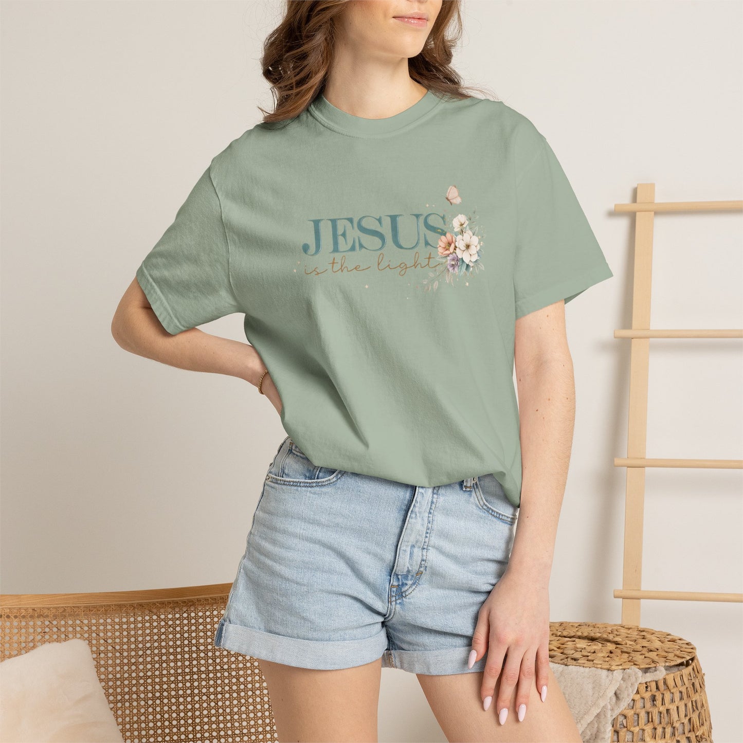 Jesus Is the Light T-Shirt — Floral Cross Christian Tee (Walking in Faith)