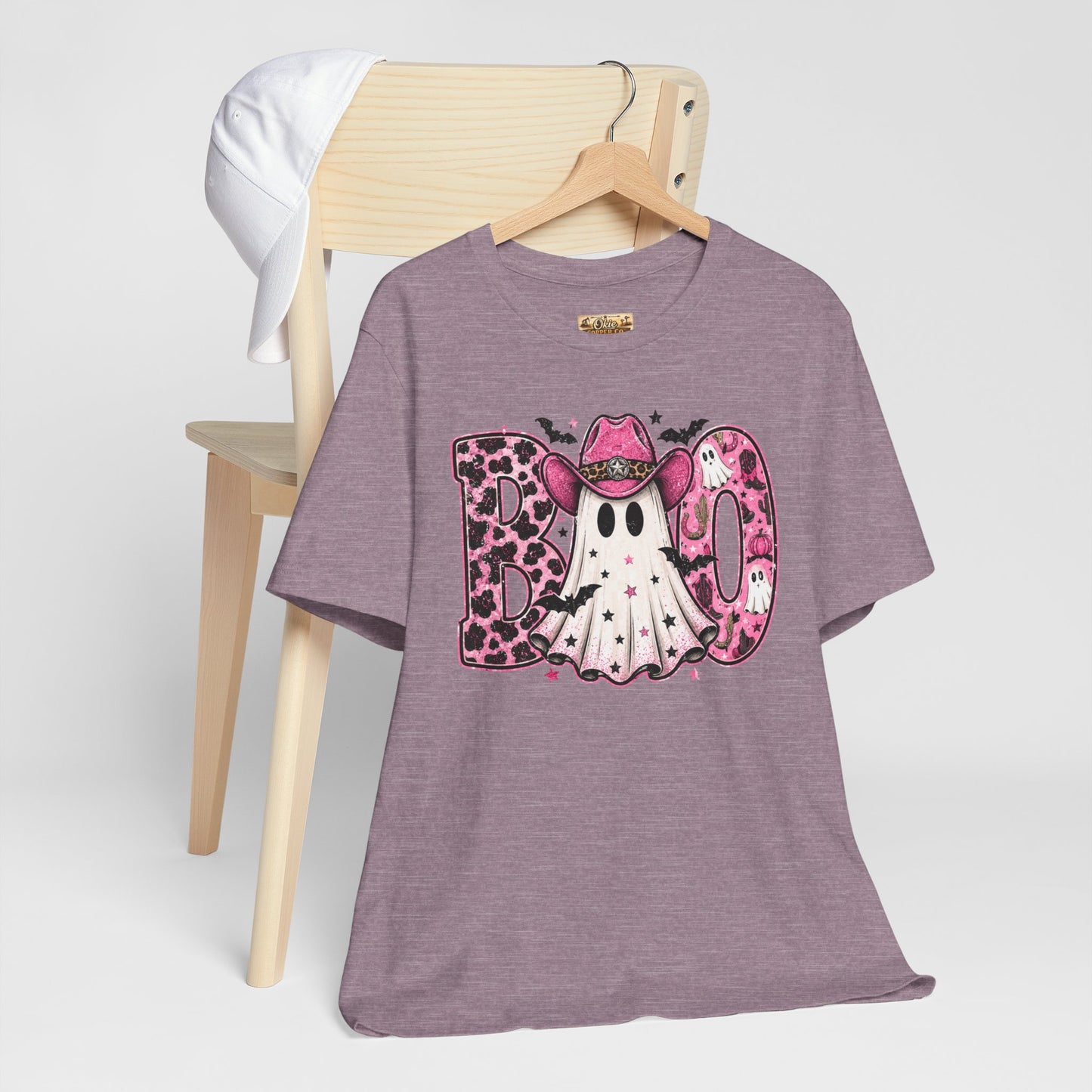 Boo Pink Leopard Ghost Tee — Cute Cowgirl Halloween T-Shirt