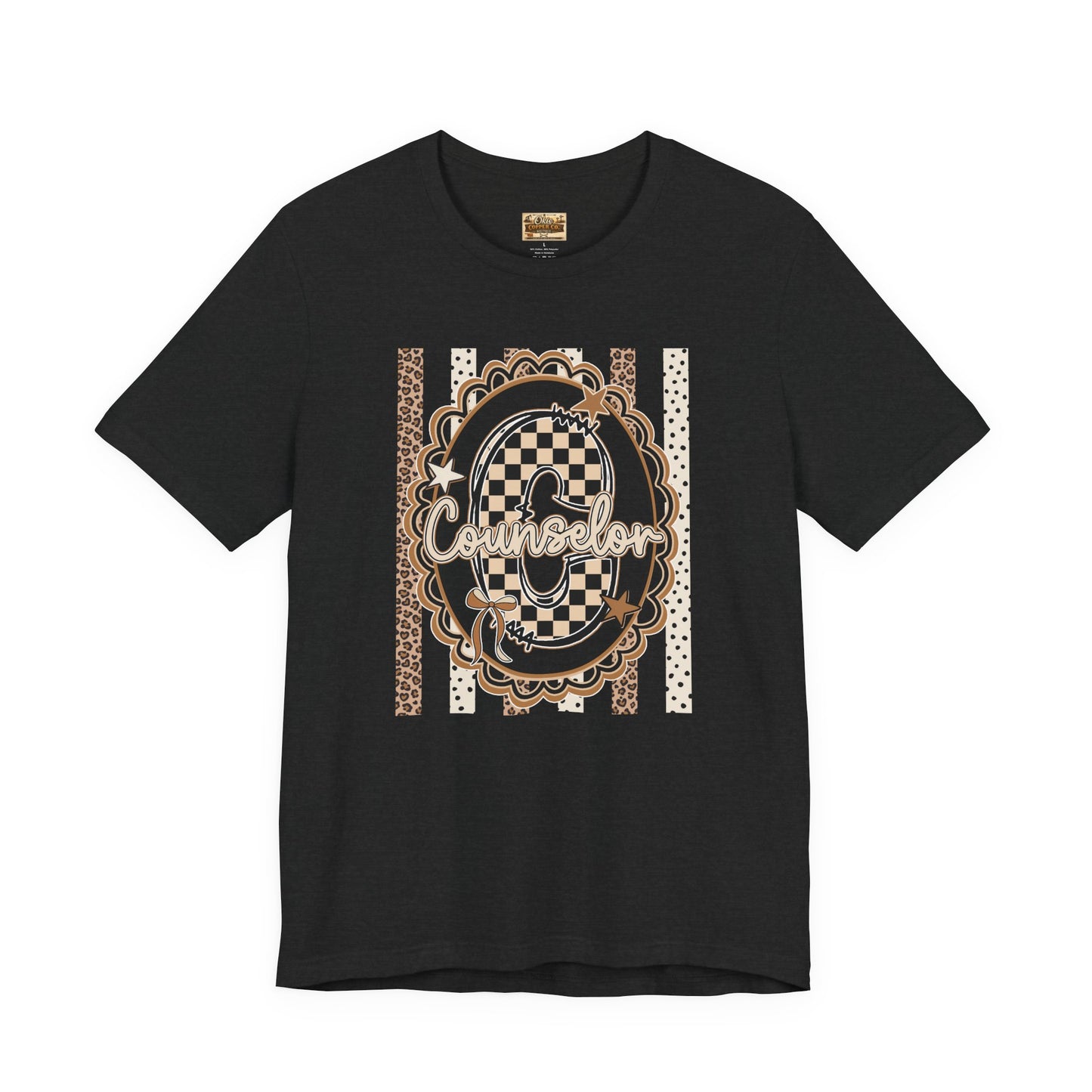 Counselor Tee — Retro Checkerboard & Leopard Print Graphic T-Shirt