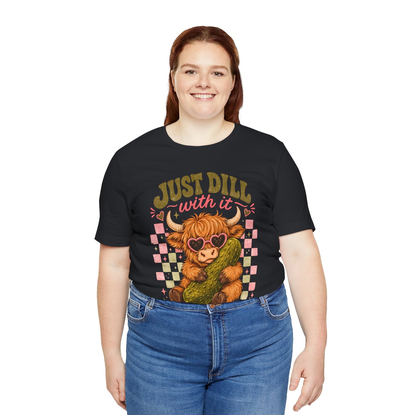 Just Dill With It Tee — Cute Highland Cow Hugging Pickle Graphic T‑Shirt
