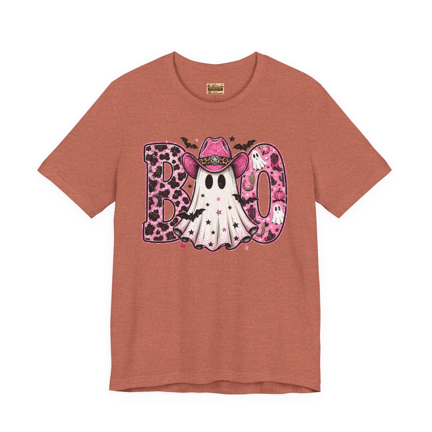 Boo Pink Leopard Ghost Tee — Cute Cowgirl Halloween T-Shirt