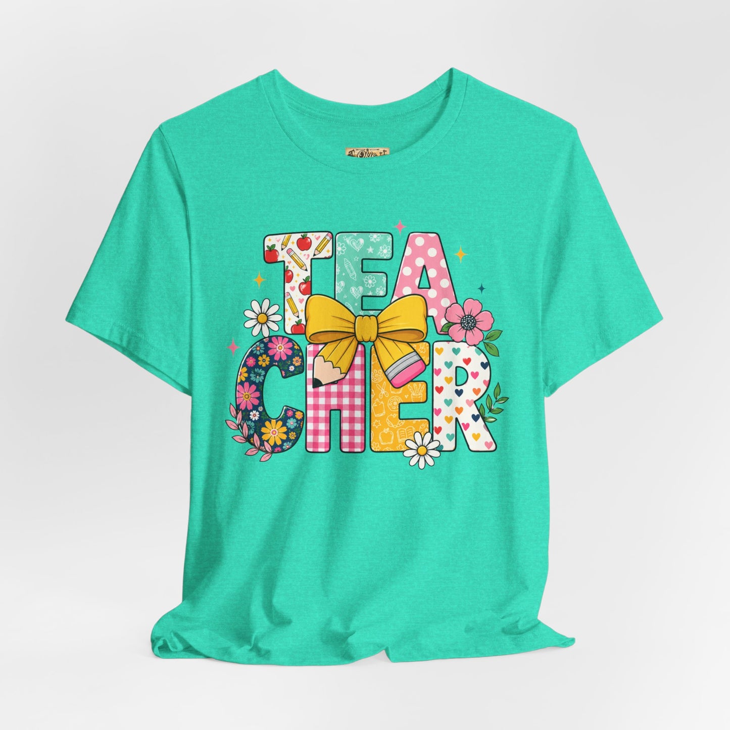 Teacher Floral Bow T-Shirt — Cute 'Teach er' Colorful School Shirt for Teachers