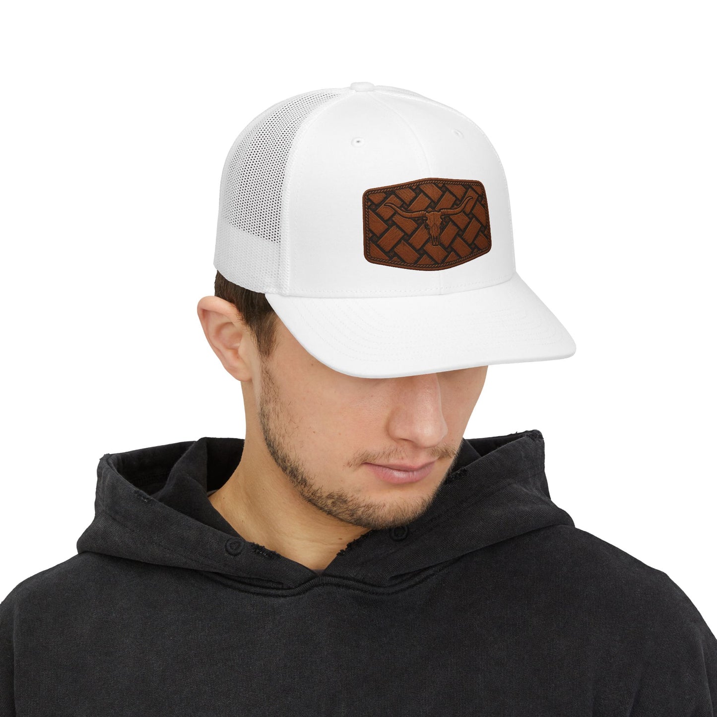 Brown Woven Leather Patch Trucker Cap