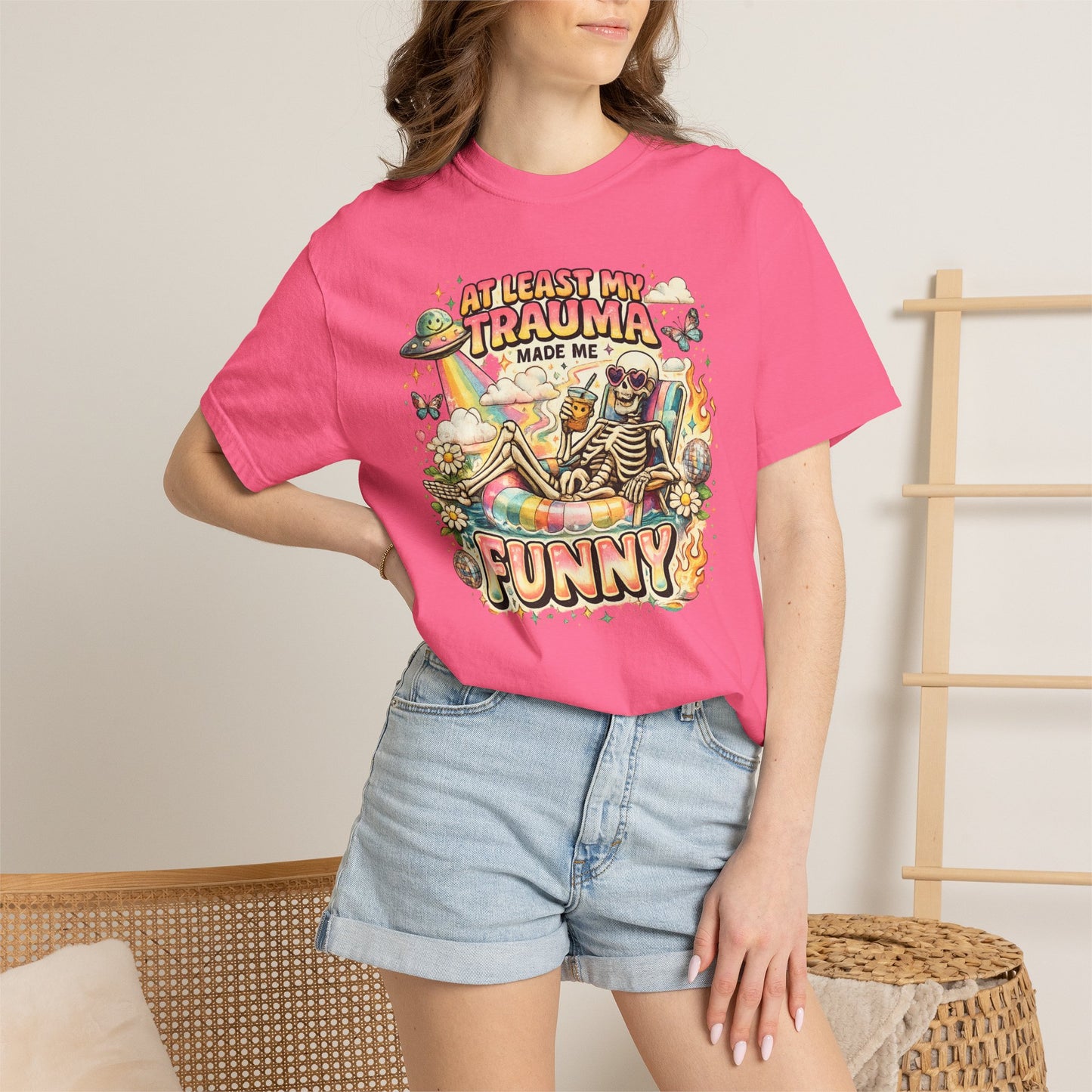 Funny Skeleton Graphic T-Shirt — "At Least My Trauma Made Me Funny"